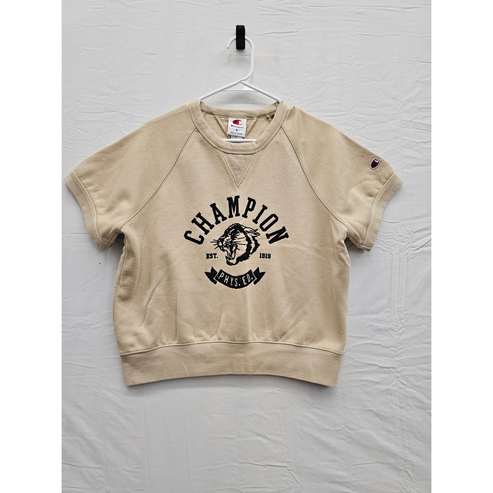 Champion Womens Short Sleeve Sweatshirt Tan Cotton Blend Casual Size Small